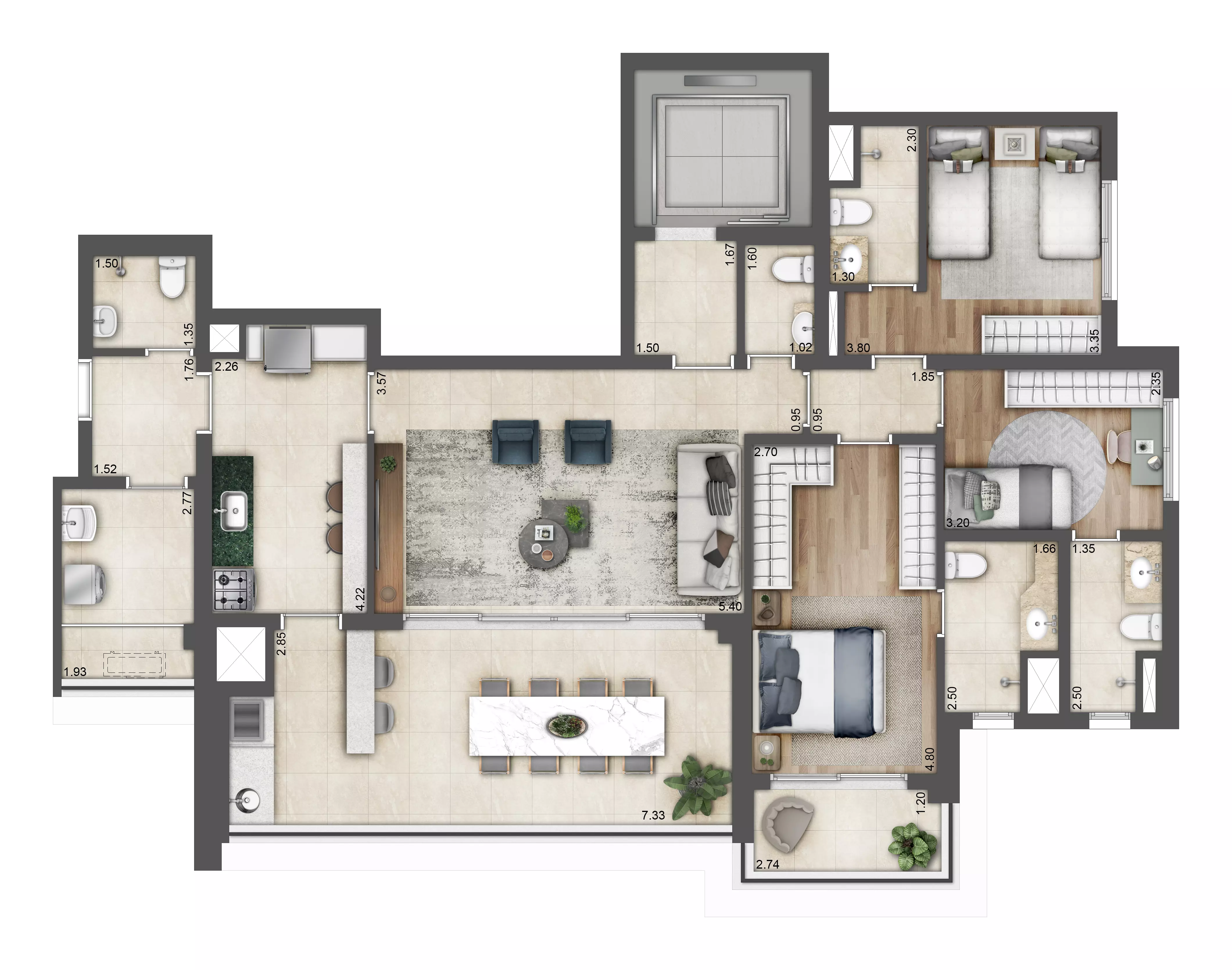 Planta baixa de 132 m², 3 suítes, Green View Residence