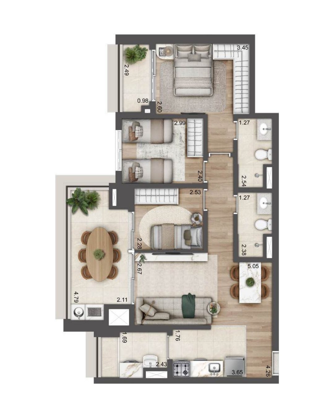 Planta baixa de 84 m², 3 dormitórios, Torre C